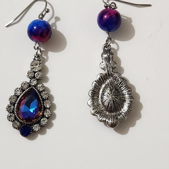 Hand Crafted Dangle Earrings Bead Crystals Rhinestones Charm Pendant Purple Blue - Picture 3 of 4